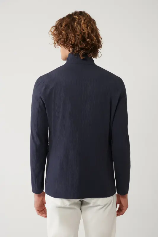 Erkek Lacivert Dik Yaka Cepli Astarsız Lightweight Blazer Comfort Slim Fit Ceket A41Y4028 - Lacivert - 4