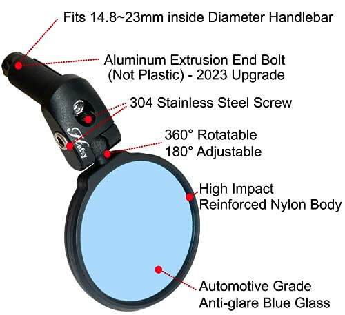 Hafny Bar End Bike Mirror, HD, Blast-Resistant, Glass Mirror, HF-MR090, HF-M951-FR03, HF-M952-FR03 (Anti-glare Blue Glass, 68mm) - 2