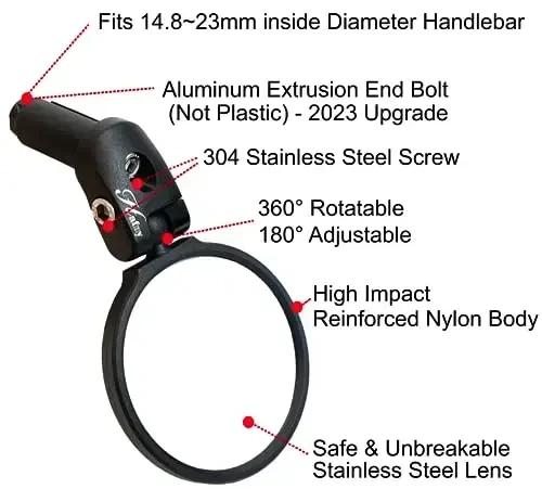 Hafny Bar End Bike Mirror - Zanglamaydigan po'lat linzalari, Xavfsiz sozlanishi orqa ko'rinish, Velosiped, E-velosiped - HF-MR087 (Qora 68 Diametr) - 2