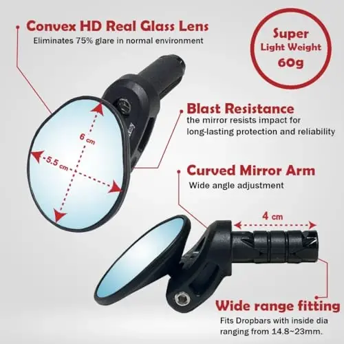 Hafny Damla Bar Bisiklet Aynası, HD, Çatlamaya Dayanıklı, HD Dışbükey Mavi Cam Ayna (Parlama Önleyici Mavi Cam Lens) - 2