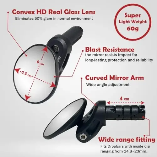 Hafny Drop Bar Bike Mirror, HD Automotive Grade Glass, Shatter-Proof, Super Convex Lens, Bar End Mirror, Cycling Mirror, HF-M956-FR06 (Silver Glass) - 4