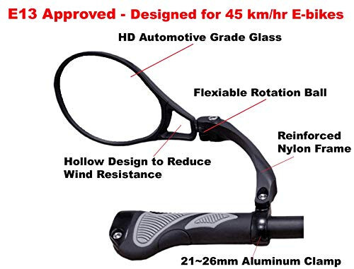 Hafny E13 Approved E-Bike Mirror, Large Surface Handlebar Bike Mirror, HD Automotive Grade Glass Bicycle Mirror, Safe Blast-Resistance Cycling Mirror - 2