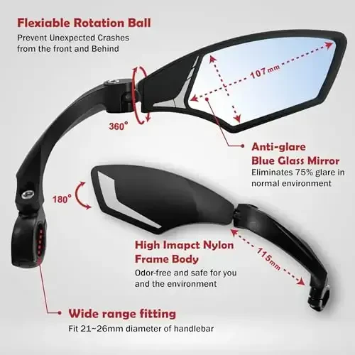Hafny NEW Handlebar Bike Mirror, HD,Blast-resistant, E-bike Mirror, Glass Lens, HF-MR095 (Anti-glare Blue Right) - 2