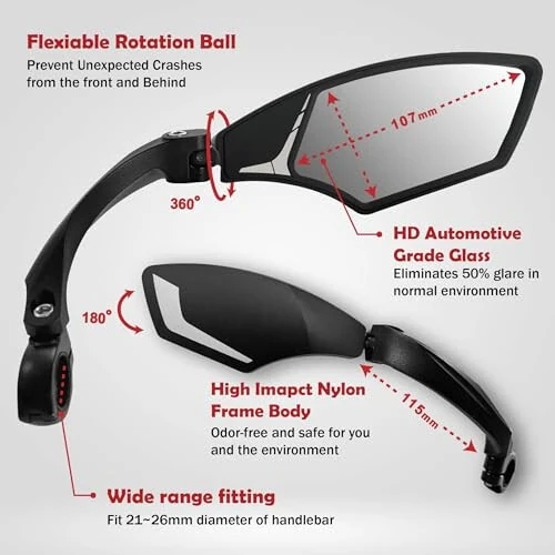 Hafny Yangi Rul Velosiped Ko'zg'usi, HD Portlovchi-Chidamli, Xavfsiz Kristal Toza To'la Shisha Ko'zg'usi, Sozlanuvchan Aylanadigan Velosiped Ko'zg'usi, Velosiped Uchun Orqa Ko'rinish Ko'zg'usi, HF-MR095 - 5