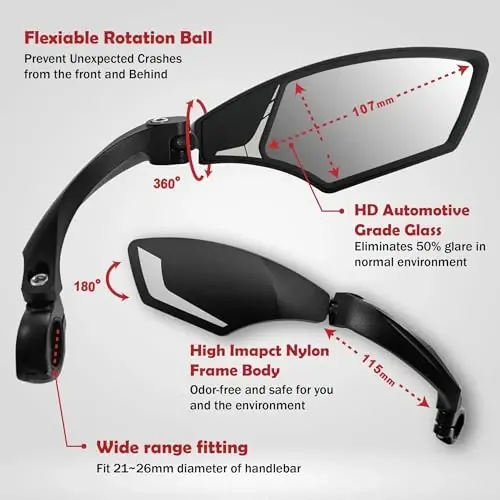 Hafny New Handlebar Bike Mirror, HD Blast-Resistant, Safe Crystal Clear Glass Lens, Adjustable Rotatable Bicycle Mirror, Rearview Mirror for Bicycle, HF-MR095 - 4