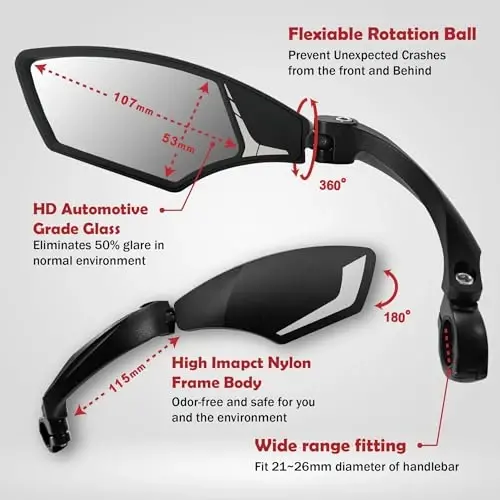 Hafny Handlebar Bike Mirror – HD Glass, Wide Angle, Adjustable 360° Rear View – Shatterproof, Anti-Glare, Premium, MTB, E-Bike, and Commuter Cycling Safety, HF-MR095 - 3