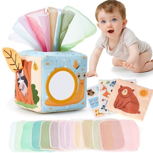 hahaland Baby Tissue Box Toy - Baby Toys 6-12 Months Stocking Stuffers for Babies Montessori Toys for 6 Month Old Must Haves - Boy Girl Shower Gifts 6 9 12 18 Months Old Sensory Pulling Play Scarf Toy - hahaland
