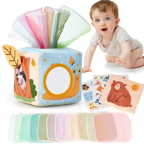 hahaland Baby Tissue Box Toy - Baby Toys 6-12 Months Stocking Stuffers for Babies Montessori Toys for 6 Month Old Must Haves - Boy Girl Shower Gifts 6 9 12 18 Months Old Sensory Pulling Play Scarf Toy - 1