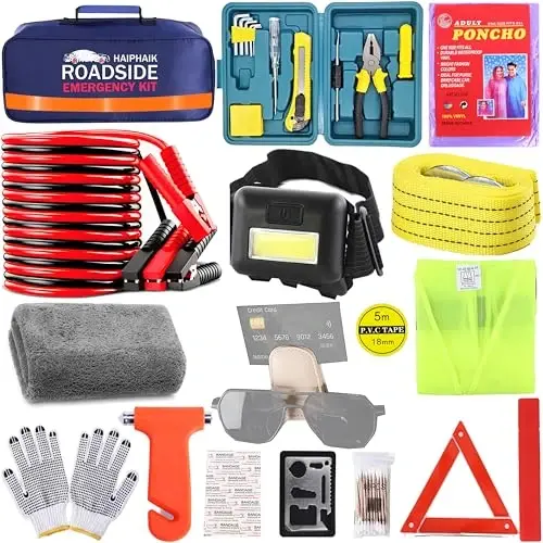 HAIPHAIK Emergency Roadside Kit for Car,Emergency Kits for Vehicles,Jumper Cables headlamps car Glasses Holder,Roadside Emergency Kit Women Men - 1