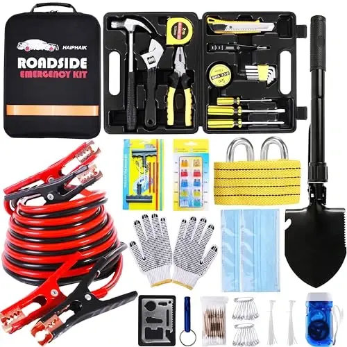HAIPHAIK Car Emergency Kit,Emergency Roadside Kit for Car,Car Accessories for Women or Men,Car Safety Kit with Jumper Cables 11.8 FT,Tow Strap,Folding Survival Shovel,Roadside Emergency Kit - 1