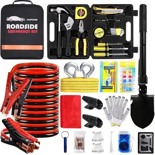 HAIPHAIK Car Emergency Roadside Kit - Roadside Assistance Emergency Kit, Car Emergency Kit with Jumper Cables, Safety Kits for Cars, Folding Shovel, Tow Rope, Car Tool Kit - HAIPHAIK