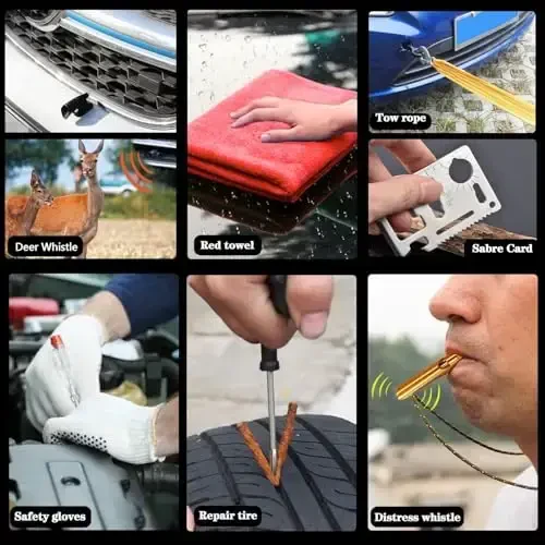 HAIPHAIK Car Emergency Roadside Kit - Roadside Assistance Emergency Kit, Car Emergency Kit with Jumper Cables, Safety Kits for Cars, Folding Shovel, Tow Rope, Car Tool Kit - 6