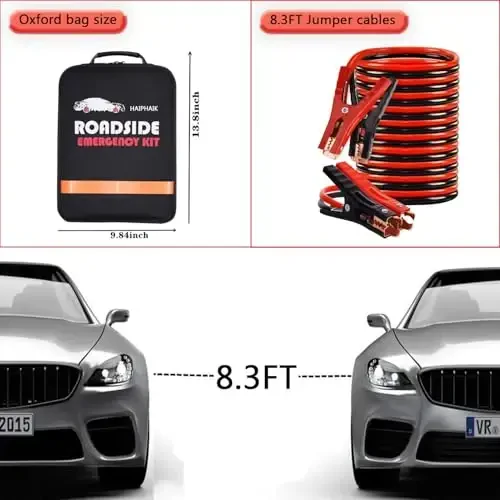 HAIPHAIK Car Emergency Roadside Kit - Roadside Assistance Emergency Kit, Car Emergency Kit with Jumper Cables, Safety Kits for Cars, Folding Shovel, Tow Rope, Car Tool Kit - 7