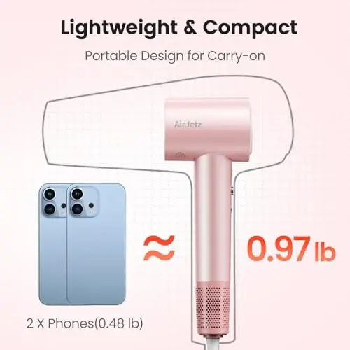 Hair Dryer, 110,000 RPM High-Speed Ionic Blow Dryer for Fast Drying, 1400W Professional Lightweight Hairdryer with Diffuser, Magnetic Nozzle, 4 Temps & 2 Speeds, Low Noise for Travel & Home - Pink - 5