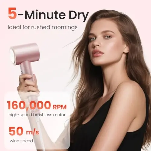 Hair Dryer, 110,000 RPM High-Speed Ionic Blow Dryer for Fast Drying, 1400W Professional Lightweight Hairdryer with Diffuser, Magnetic Nozzle, 4 Temps & 2 Speeds, Low Noise for Travel & Home - Pink - 1
