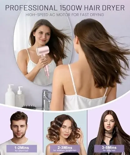 Hair Dryer - 150000 RPM High-Speed Brushless Motor Negative Ionic Blow Dryer for Fast Drying, Low Noise Thermo-Control Hair Dryer with Diffuser and Nozzle, Gleaming Pink - 2