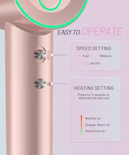 Hair Dryer - 150000 RPM High-Speed Brushless Motor Negative Ionic Blow Dryer for Fast Drying, Low Noise Thermo-Control Hair Dryer with Diffuser and Nozzle, Gleaming Pink - 3