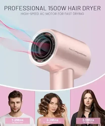 Hair Dryer - 150000 RPM High-Speed Brushless Motor Negative Ionic Blow Dryer for Fast Drying, Low Noise Thermo-Control Hair Dryer with Diffuser and Nozzle, Gleaming Pink - 5