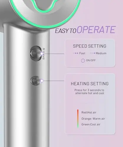 Hair Dryer - 150000 RPM High-Speed Brushless Motor Negative Ionic Blow Dryer for Fast Drying, Low Noise Thermo-Control Hair Dryer with Diffuser and Nozzle, Silvery - 5