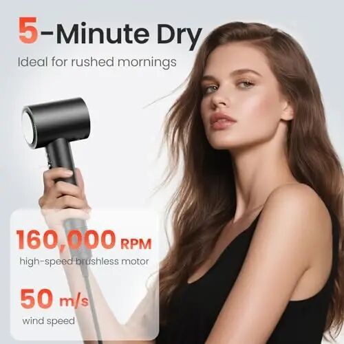 Hair Dryer, 160,000 RPM High-Speed Ionic Blow Dryer for Fast Drying, Professional Lightweight Hairdryer with Diffuser, Magnetic Nozzle, 4 Temps & 2 Speeds, Low Noise for Travel - Black - 2