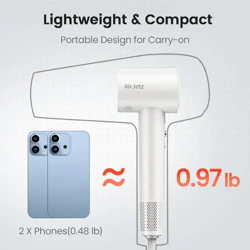 Hair Dryer, 160,000 RPM High-Speed Ionic Blow Dryer for Fast Drying, Professional Lightweight Hairdryer with Diffuser, Magnetic Nozzle, 4 Temps & 2 Speeds, Low Noise for Travel - White - 5