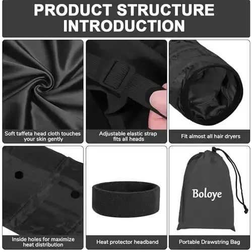 Hair Dryer Bonnet, Large Bonnet Hooded Hair Dryer Attachment for Speeds Up Drying Time & Deep Conditioning, Fits All Head Sizes & All Hair Styling, for Women Long Curly Braid Hair (Black, Large) - Boloye (1)