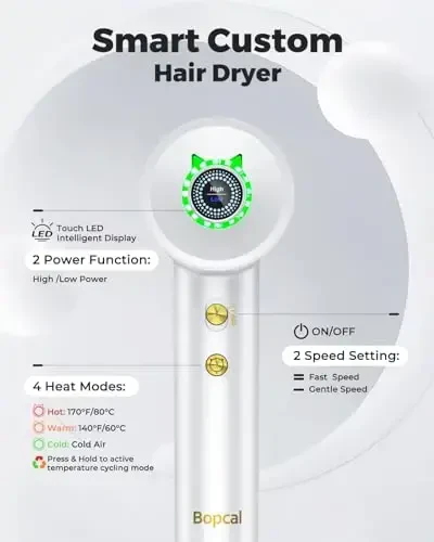 Hair Dryer - Bopcal Ionic Blow Dryer with Concentrator for All Hair Types,160000 RPM High-Speed Fast Drying Lightweight and Quiet, 200 Million Negative Ions Dryer with Thermo-Control (1500w) - 5