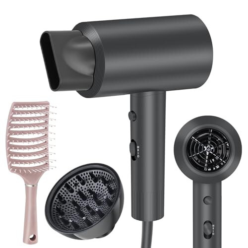 Hair Dryer, Dongxw 1600W Ionic Blow Dryer with Diffuser, Lightweight Hair Dryers & Accessories Low Noise Professional Portable Hairdryer for Women Men, Grey - 1