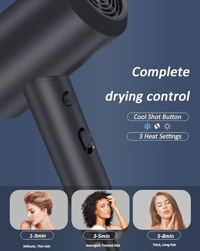 Hair Dryer, Dongxw 1600W Ionic Blow Dryer with Diffuser, Lightweight Hair Dryers & Accessories Low Noise Professional Portable Hairdryer for Women Men, Grey - 3