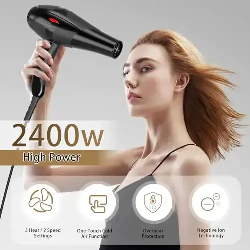 Hair Dryer Professional Ionic Salon Hair Dryer 2400W Powerful Fast-Drying Blue Light Ionic Hair Dryers with Diffuser, AC Motor Constant Temperature Quiet Ion Dryers for Women Men - 2