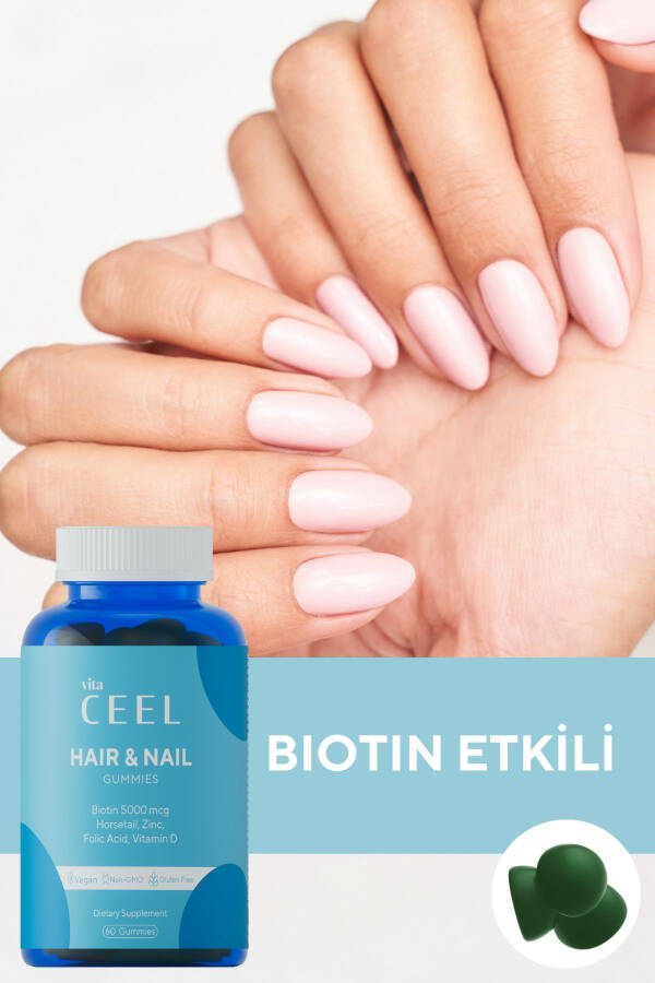 Hair Nail Vitamin Chewable Vegan Gummy Biotin 5000, Vitamin D, Zinc, Folic Acid, Horsetail - 8