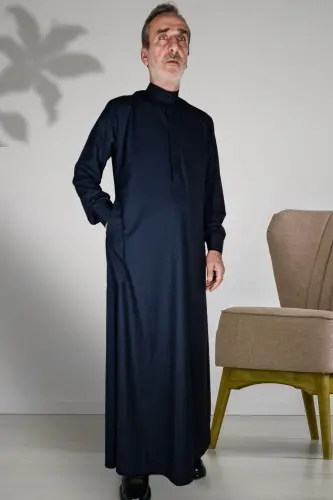 Hajj Umrah Outfits/Front Buttons Hidden And Long Sleeve Buttoned Pocketed/Prayer Robe-Navy Blue - ROYAL ATTIRE (1)