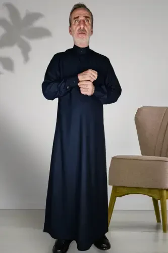 Hajj Umrah Outfits/Front Buttons Hidden And Long Sleeve Buttoned Pocketed/Prayer Robe-Navy Blue - 3