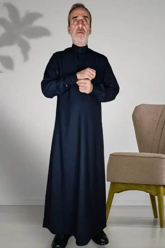 Hajj Umrah Outfits/Front Buttons Hidden And Long Sleeve Buttoned Pocketed/Prayer Robe-Navy Blue - 3