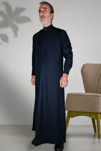 Hajj Umrah Outfits/Front Buttons Hidden And Long Sleeve Buttoned Pocketed/Prayer Robe-Navy Blue - 5
