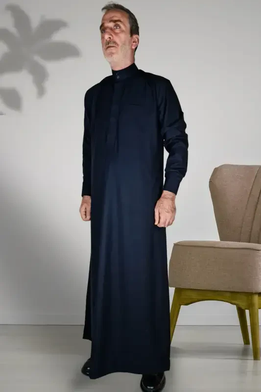 Hajj Umrah Outfits/Front Buttons Hidden And Long Sleeve Buttoned Pocketed/Prayer Robe-Navy Blue - 5