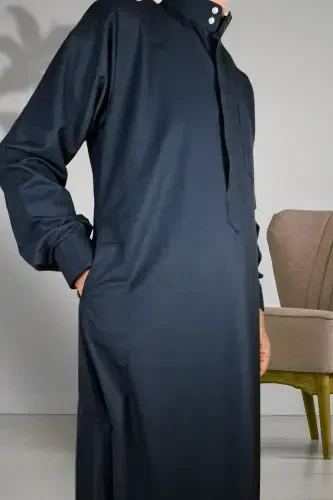 Hajj Umrah Outfits/Front Buttons Hidden And Long Sleeve Buttoned Pocketed/Prayer Robe-Navy Blue - 6