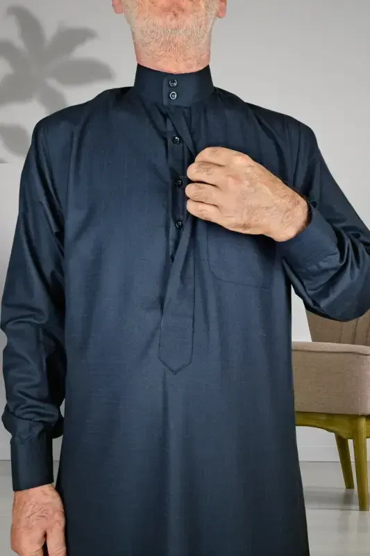 Hajj Umrah Outfits/Front Buttons Hidden And Long Sleeve Buttoned Pocketed/Prayer Robe-Navy Blue - 7