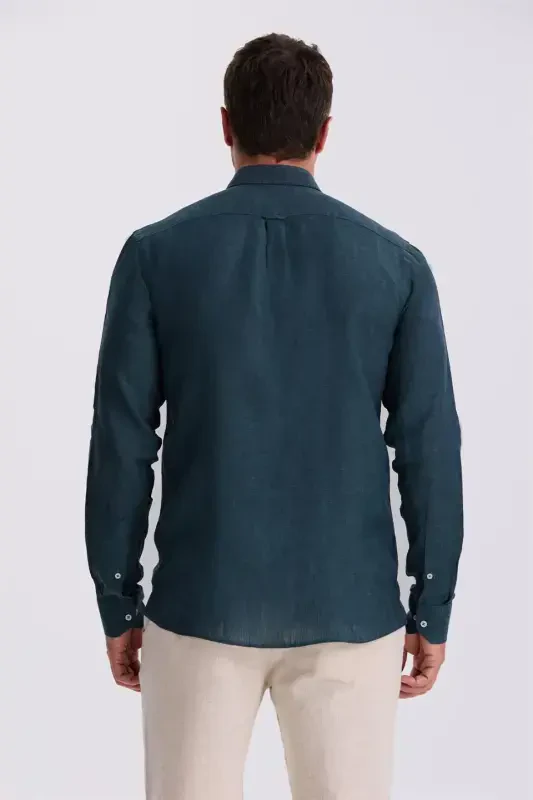 Haki %100 Keten Düğmeli Yaka Comfort Fit Gömlek - 4