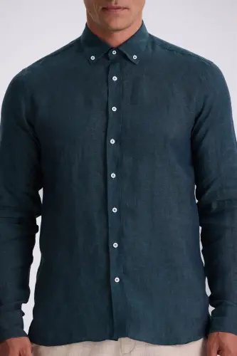 Haki %100 Keten Düğmeli Yaka Comfort Fit Gömlek - 3