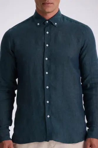 Haki %100 Keten Düğmeli Yaka Comfort Fit Gömlek - 3