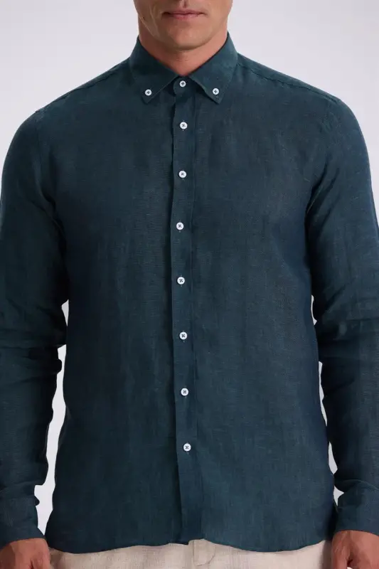 Haki %100 Keten Düğmeli Yaka Comfort Fit Gömlek - 3