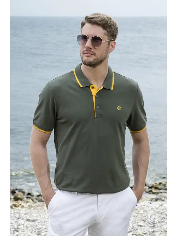 Haki %100 Pamuk Düğmeli Slim Fit Polo Tişört 5902118-Haki - LC WAIKIKI