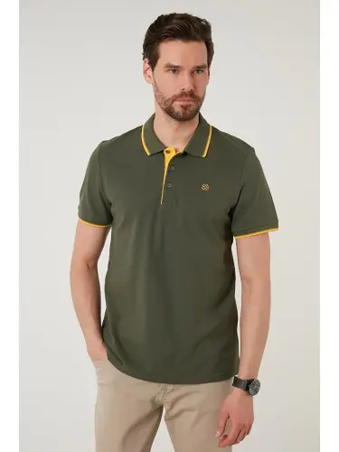 Haki %100 Pamuk Düğmeli Slim Fit Polo Tişört 5902118-Haki - 3