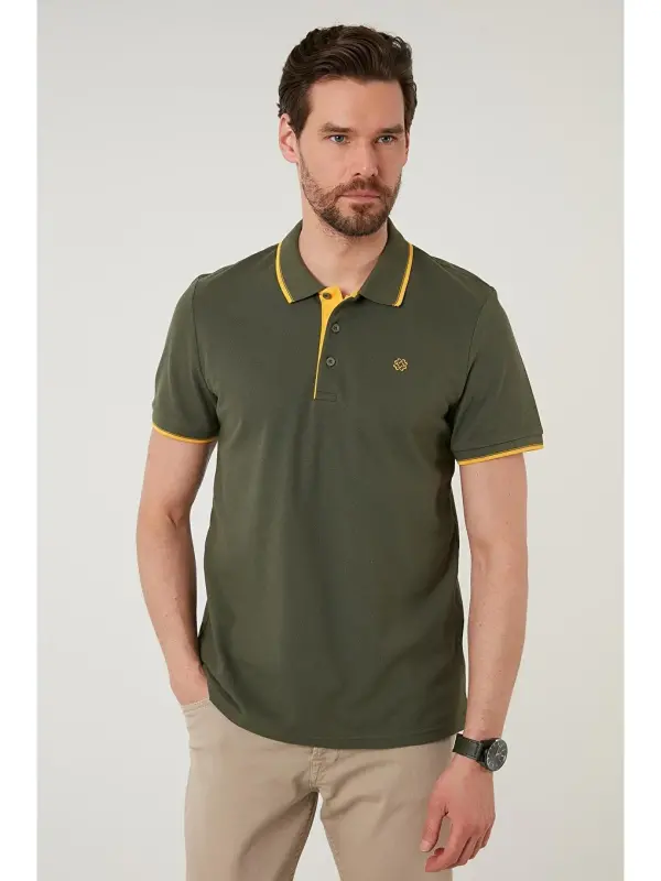 Haki %100 Pamuk Düğmeli Slim Fit Polo Tişört 5902118-Haki - 3