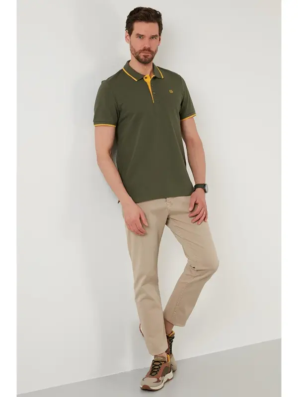 Haki %100 Pamuk Düğmeli Slim Fit Polo Tişört 5902118-Haki - 4