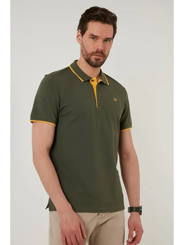 Haki %100 Pamuk Düğmeli Slim Fit Polo Tişört 5902118-Haki - 6