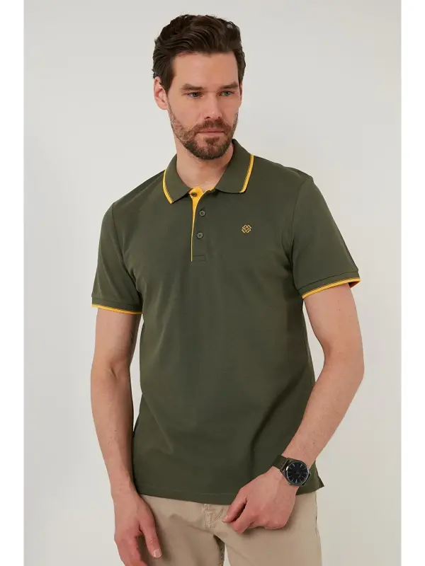 Haki %100 Pamuk Düğmeli Slim Fit Polo Tişört 5902118-Haki - 7