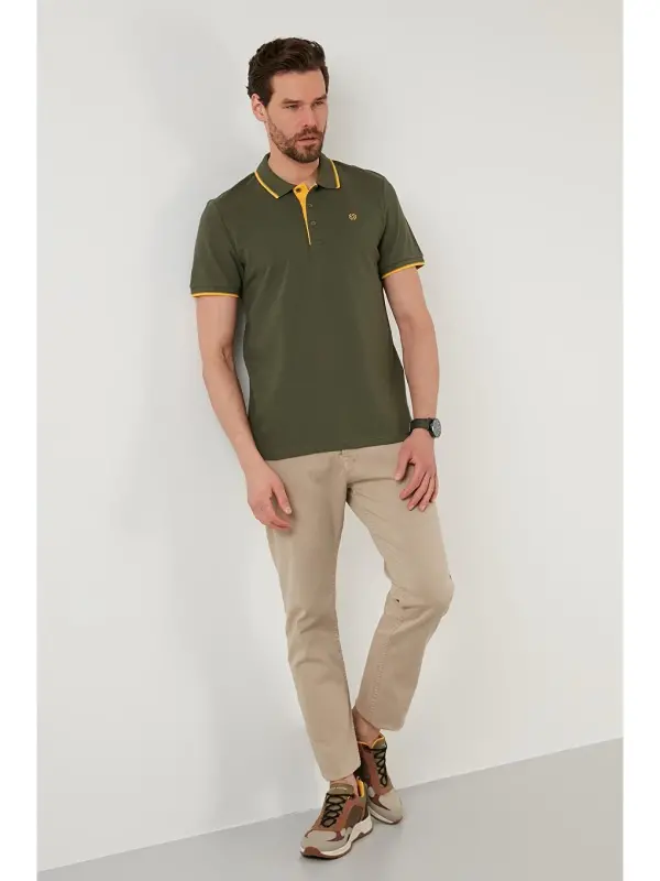 Haki %100 Pamuk Düğmeli Slim Fit Polo Tişört 5902118-Haki - 8