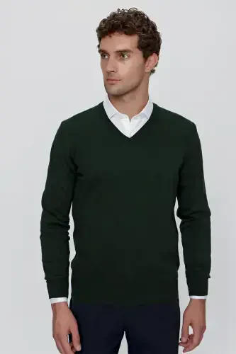 Haki Basic Dinamik Fit Rahat Kesim V Yaka Triko Kazak - 2